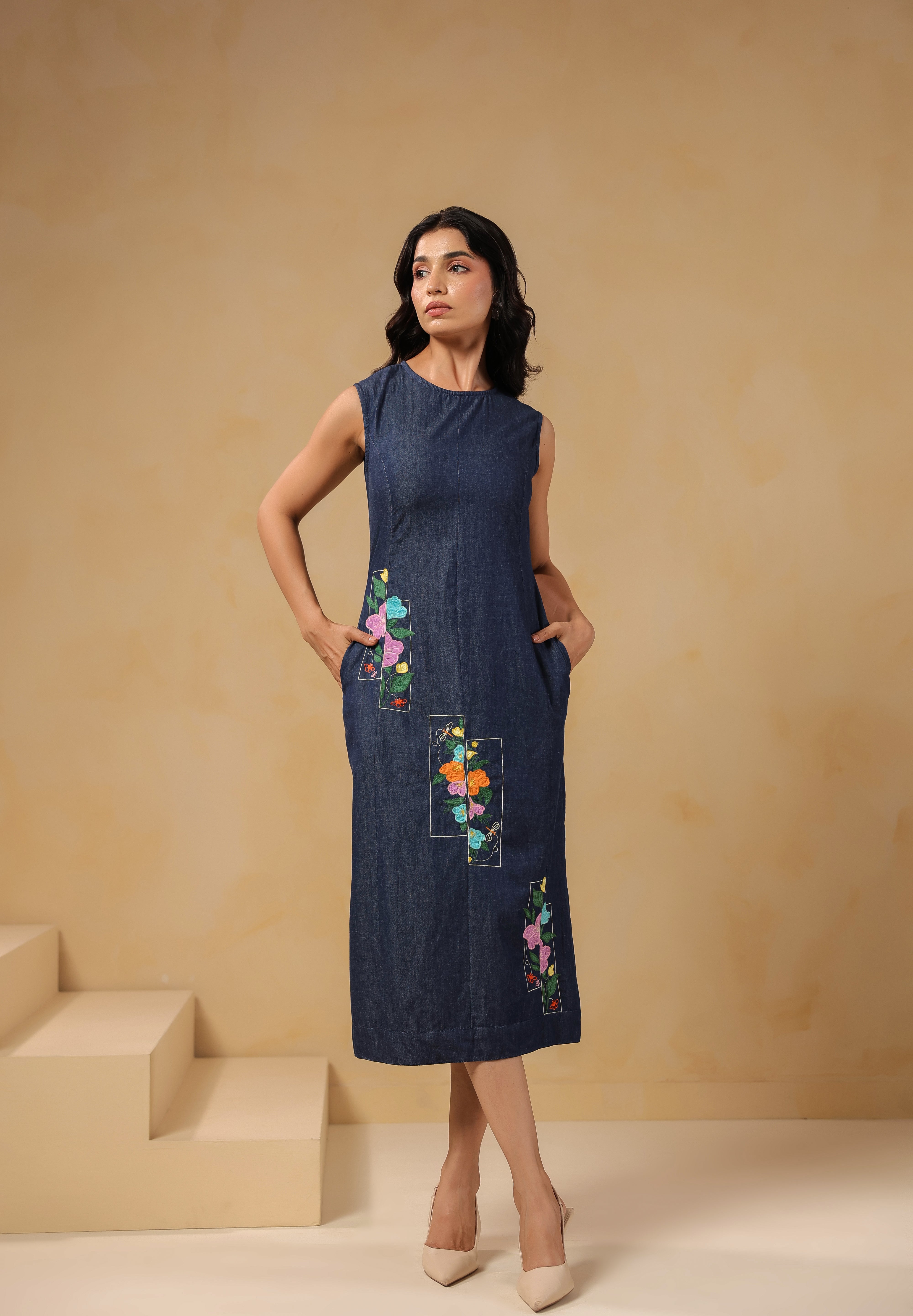 Front view of Rectaflora Panel Midi Dress with floral embroidery on denim.