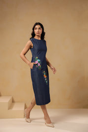 Walking shot of Rectaflora Midi Dress in dark denim.