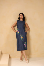 Front-facing pose of Rectaflora Panel Midi Dress with floral blocks.