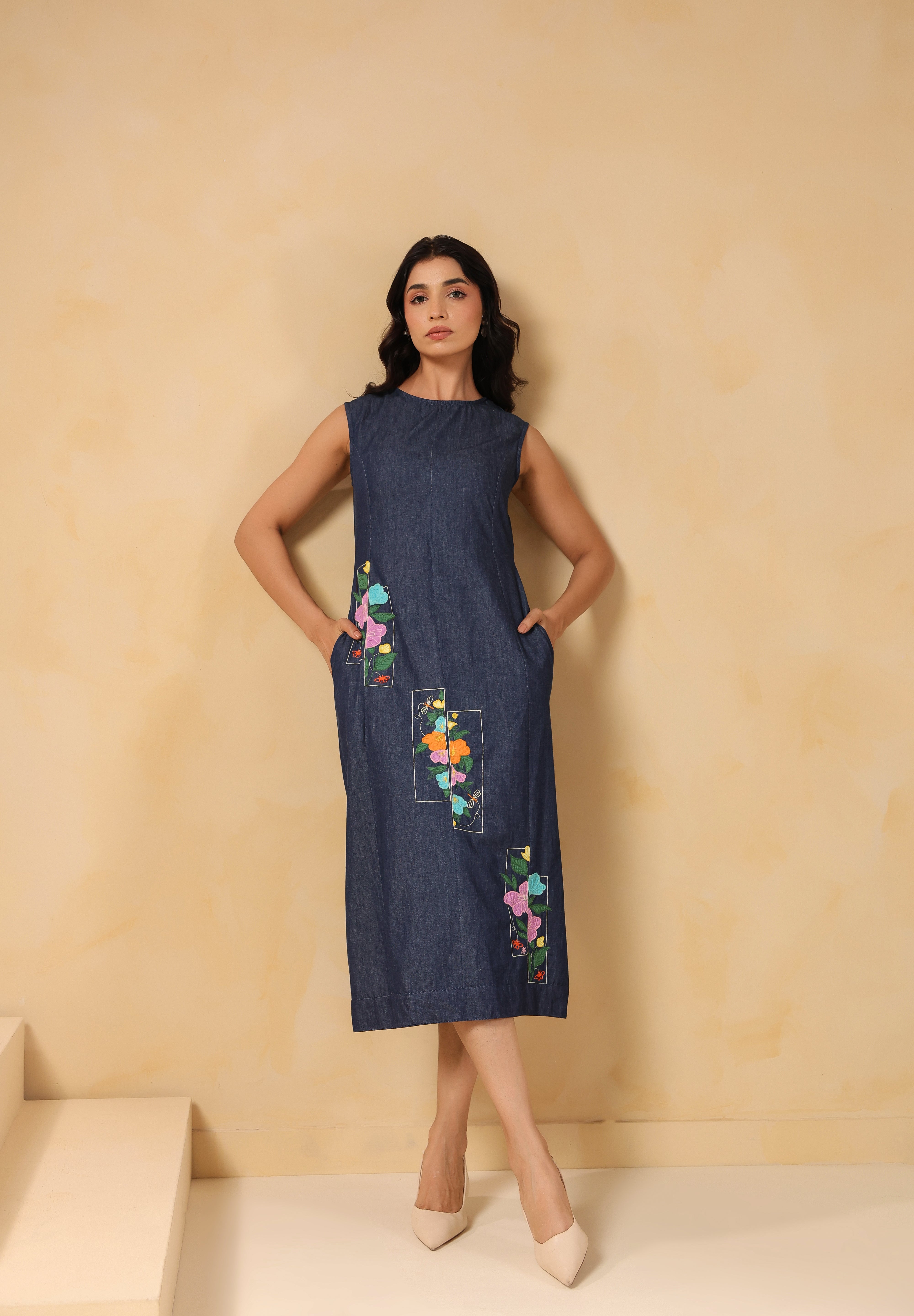Front-facing pose of Rectaflora Panel Midi Dress with floral blocks.