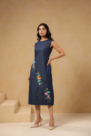 Full-length view of Rectaflora Panel Midi Dress with floral details.