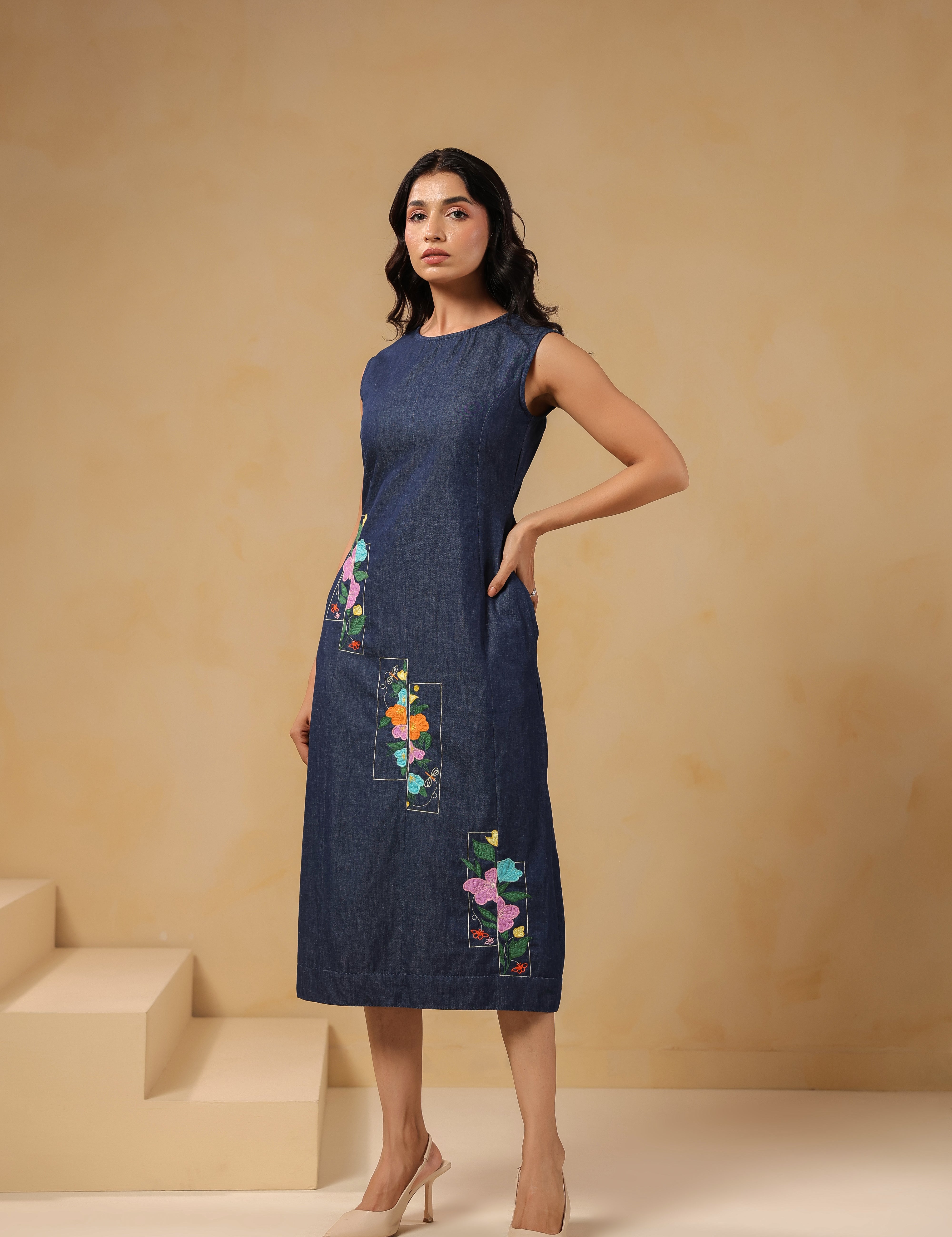Full-length view of Rectaflora Panel Midi Dress with floral details.