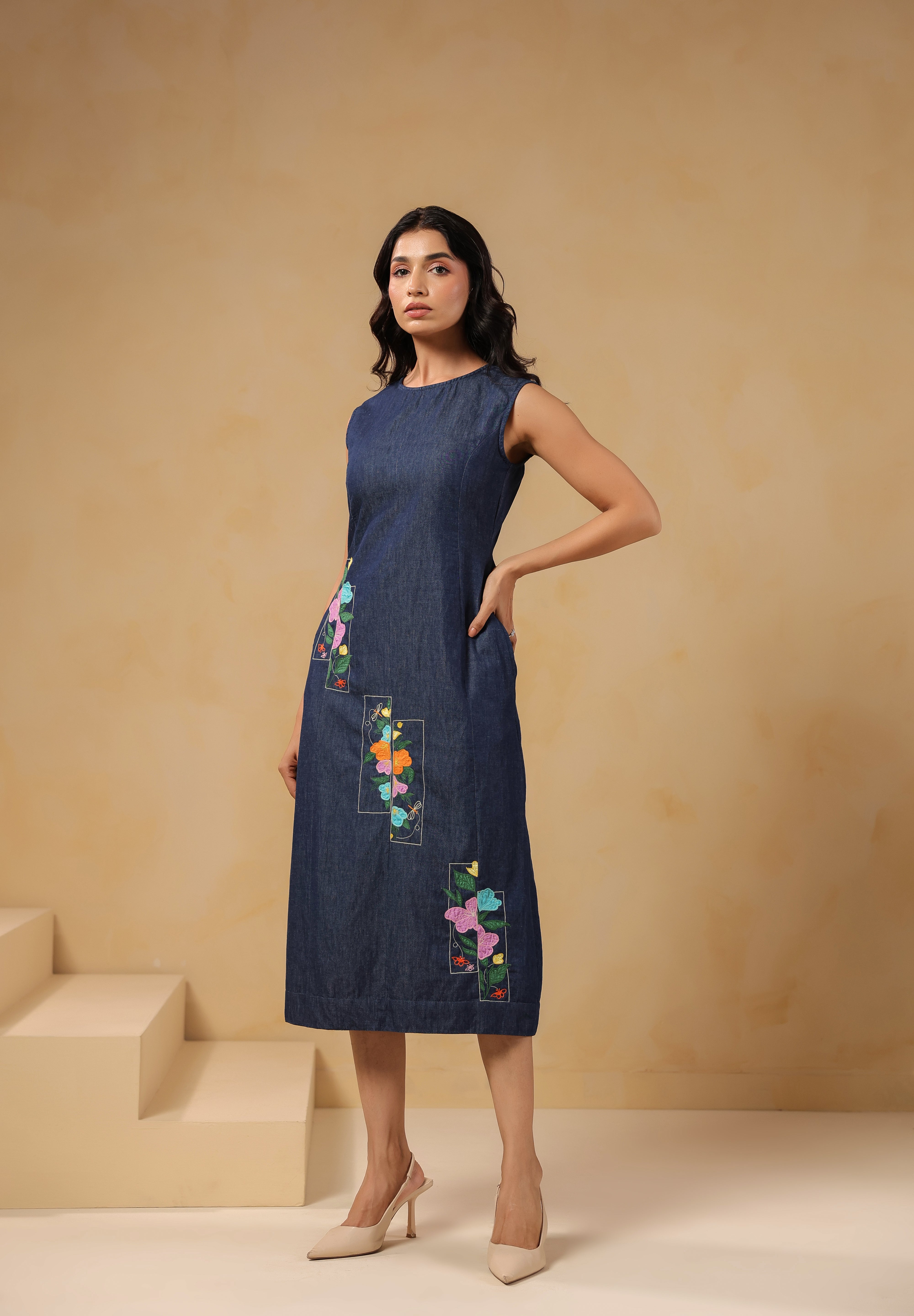 Full-length view of Rectaflora Panel Midi Dress with floral details.