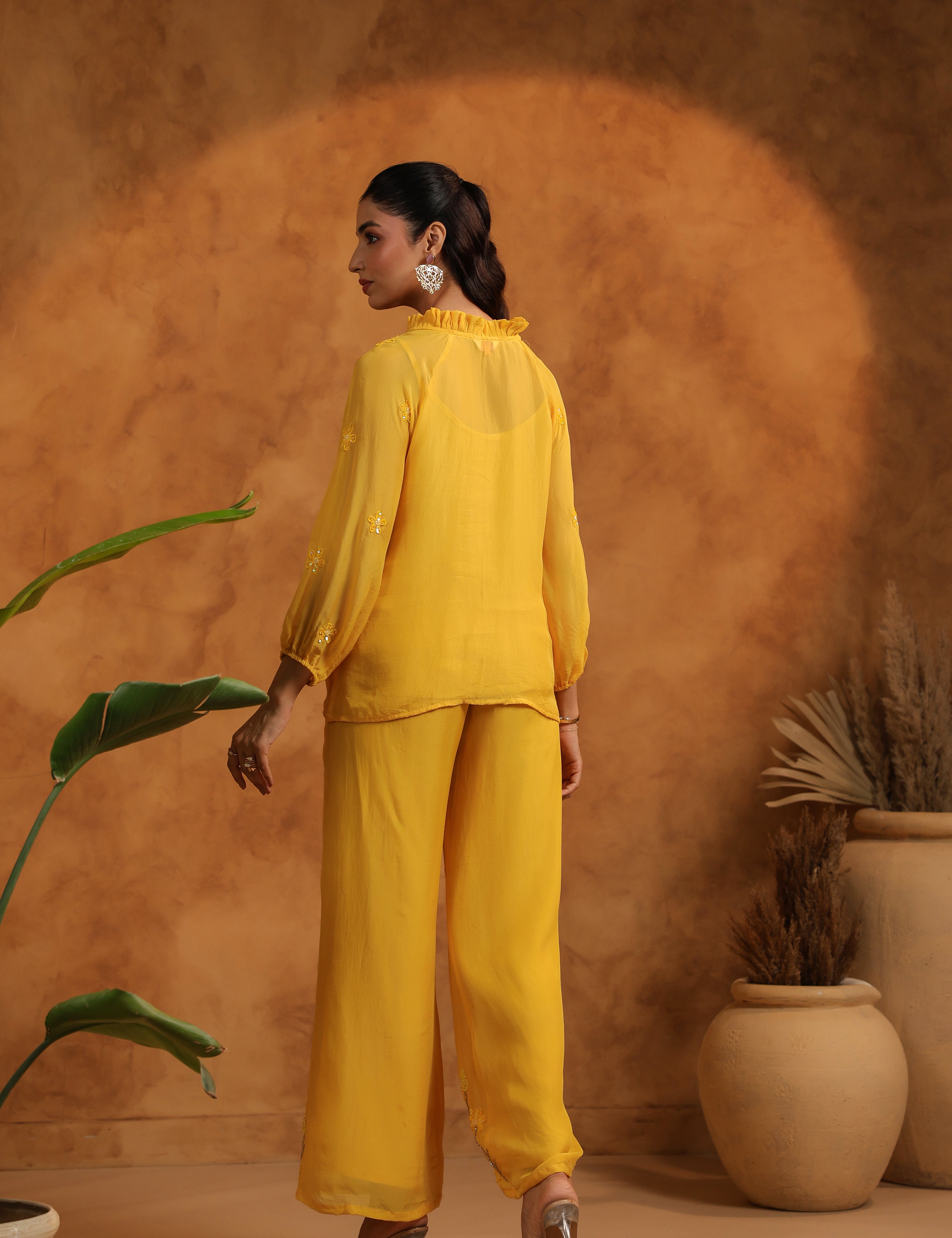 Back view of the Sunflare Organza Set, highlighting the soft gathers and sleeve structure.