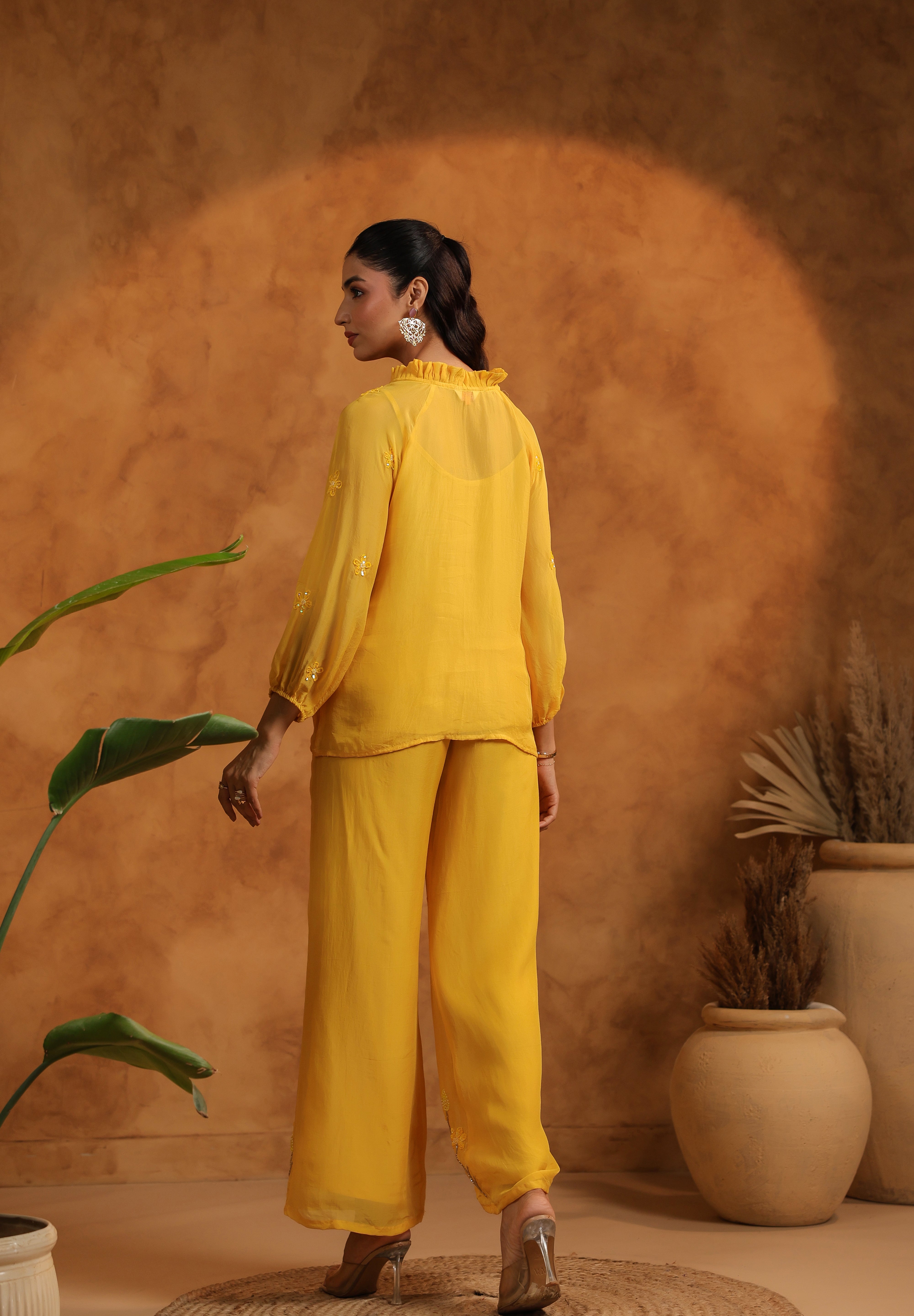 Back view of the Sunflare Organza Set, highlighting the soft gathers and sleeve structure.