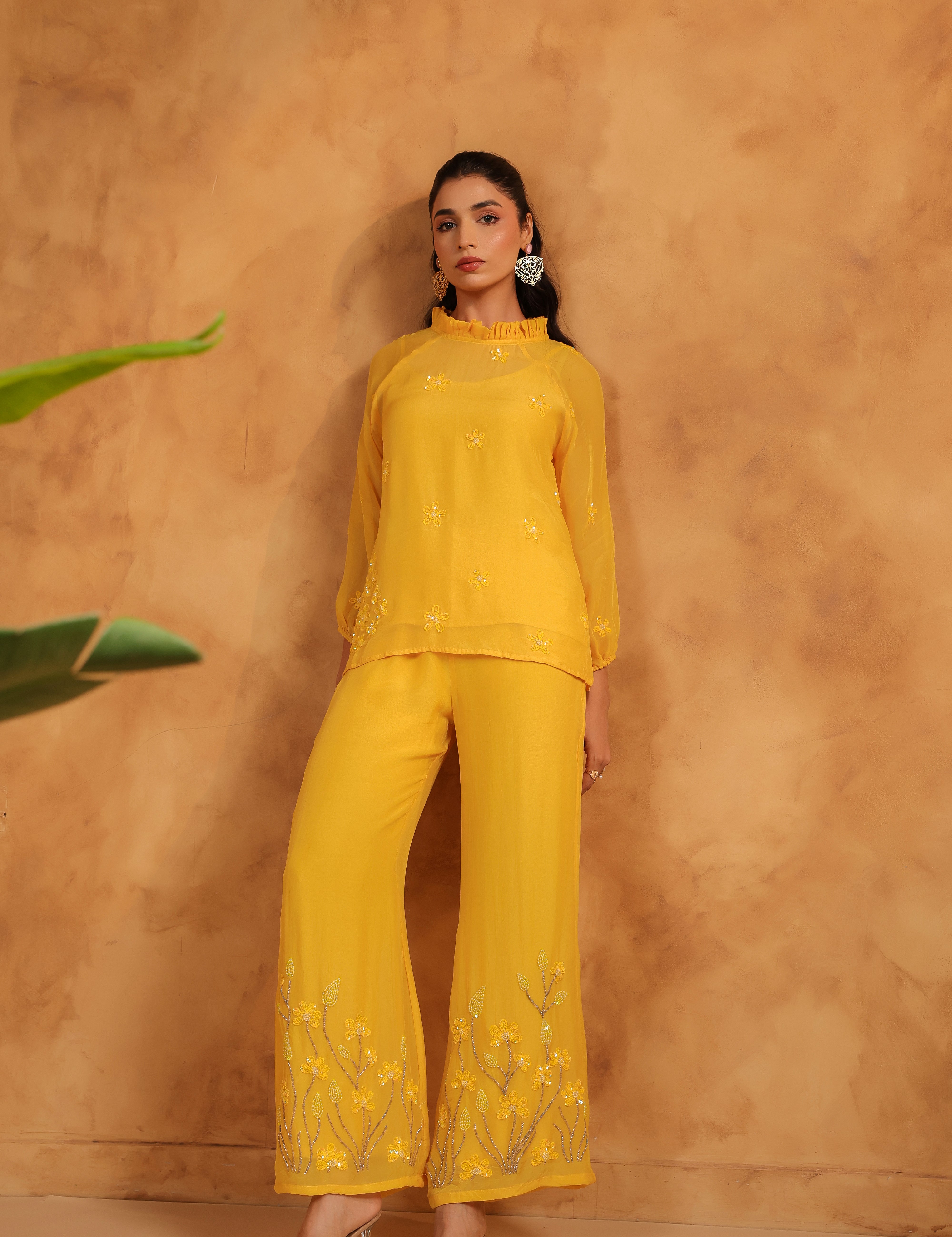 Model wearing Sunflare Organza Embroidered Set in a confident front-facing stance.