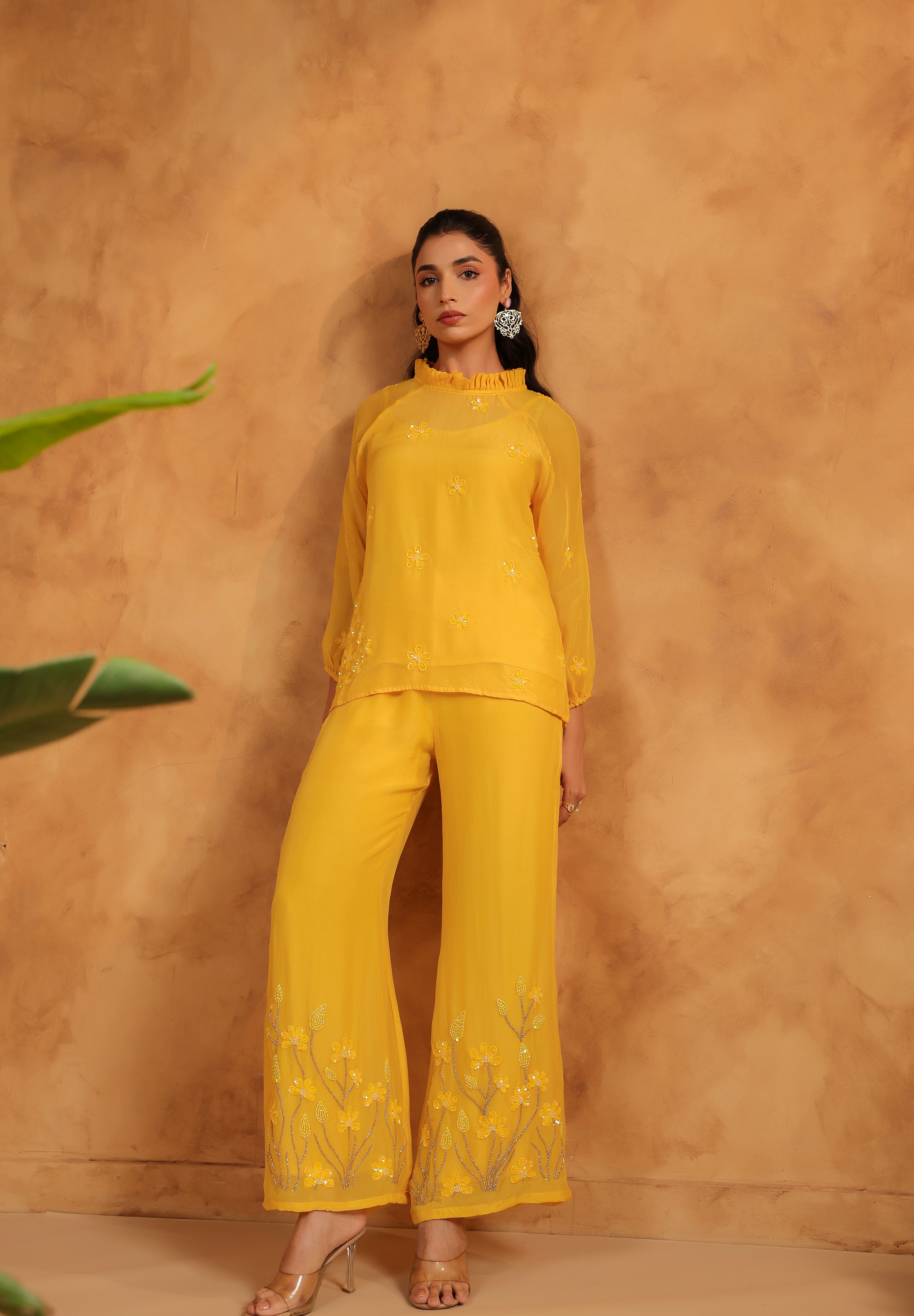 Model wearing Sunflare Organza Embroidered Set in a confident front-facing stance.