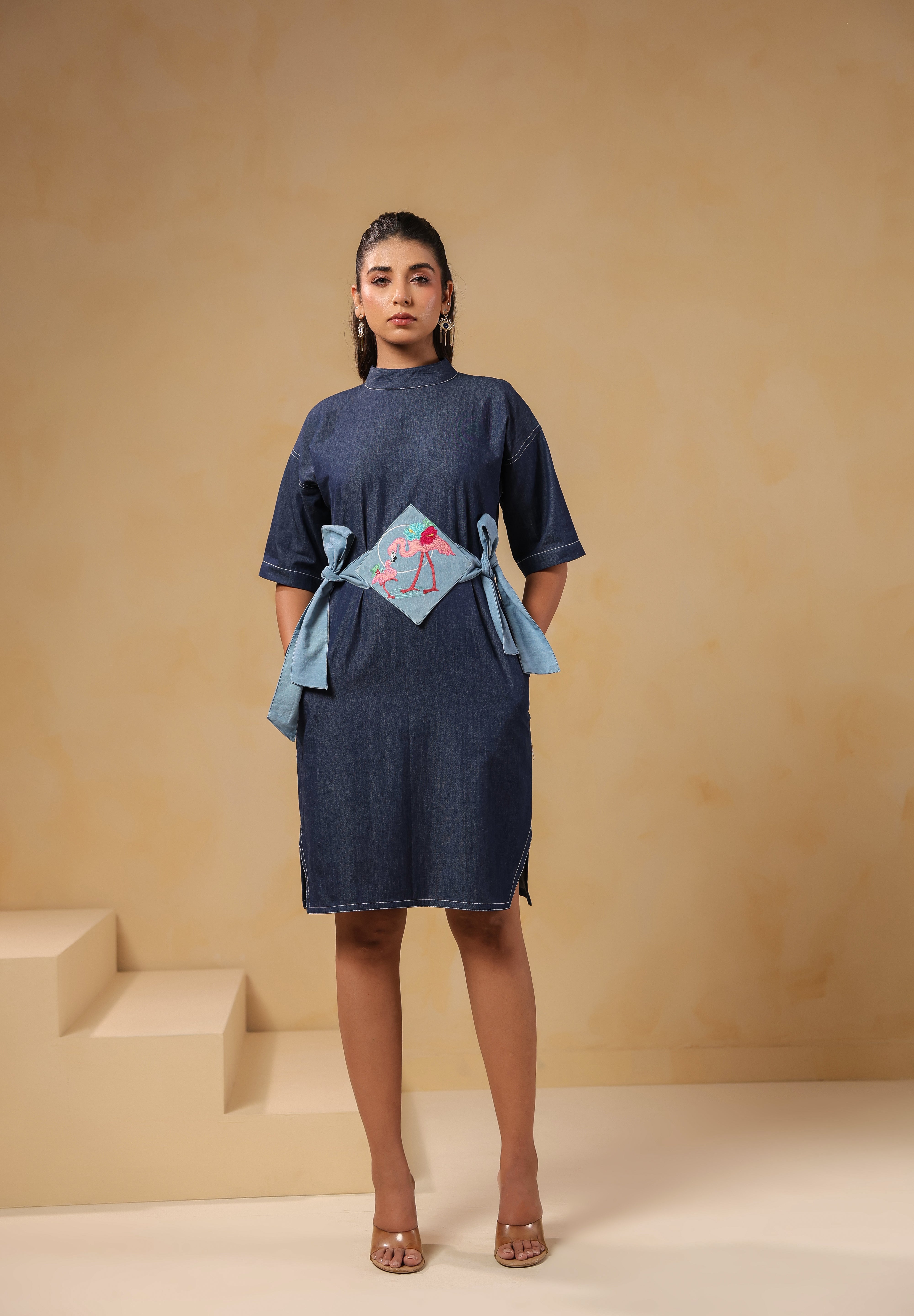 Front look of Tide & Ties Flamingo Dress featuring flamingo embroidery and denim belt ties