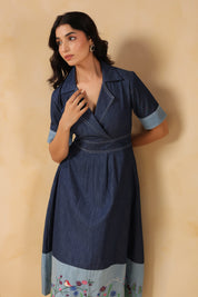 Close-up of Woodland Muse Midi Dress collar and cross-over neckline with detailed stitching