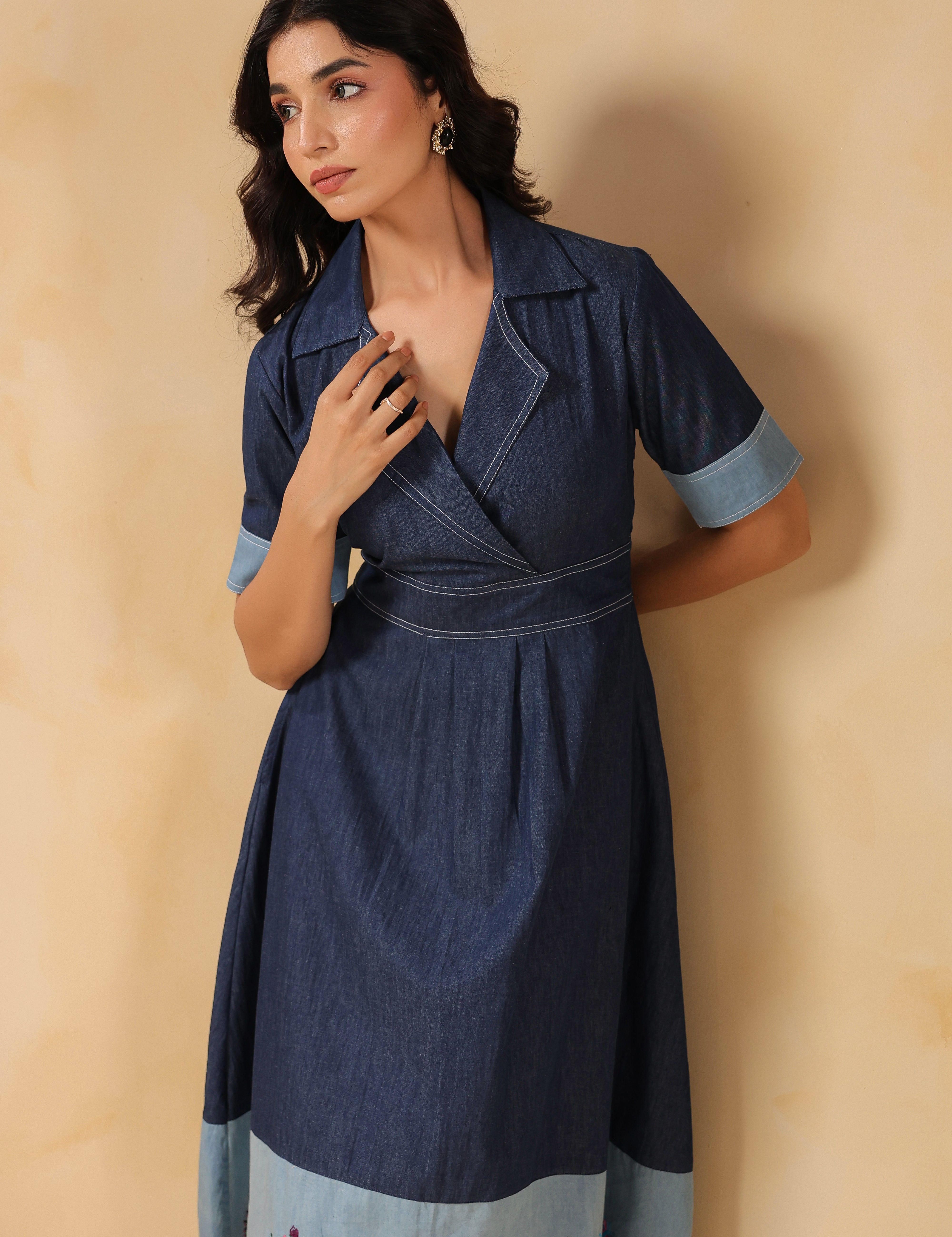 Close-up of Woodland Muse Midi Dress collar and cross-over neckline with detailed stitching
