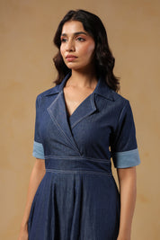 Close-up of Woodland Muse Midi Dress collar and cross-over neckline with detailed stitching