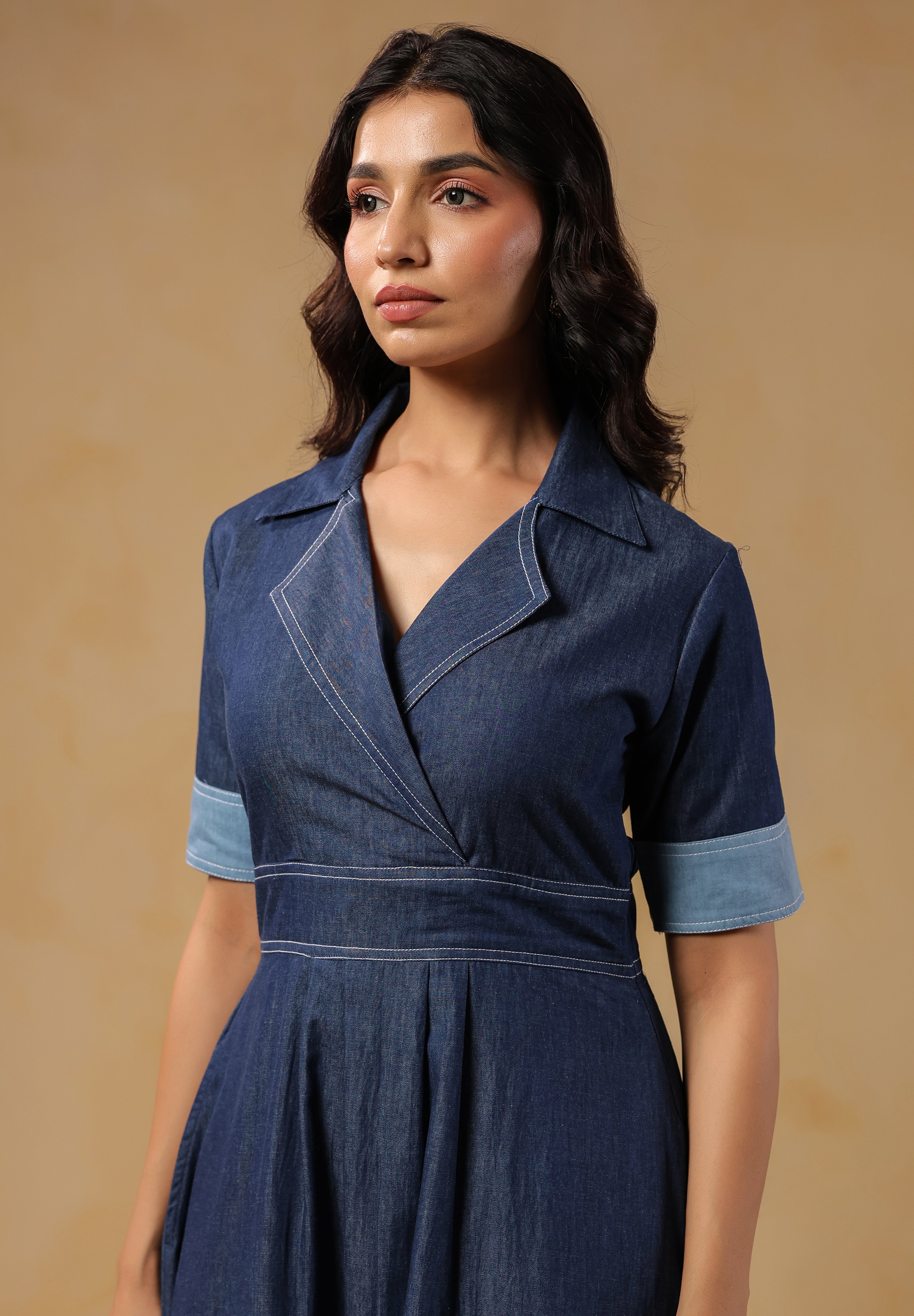 Close-up of Woodland Muse Midi Dress collar and cross-over neckline with detailed stitching
