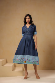 Full-length view of Woodland Muse Midi Dress showcasing A-line silhouette and nature-inspired details