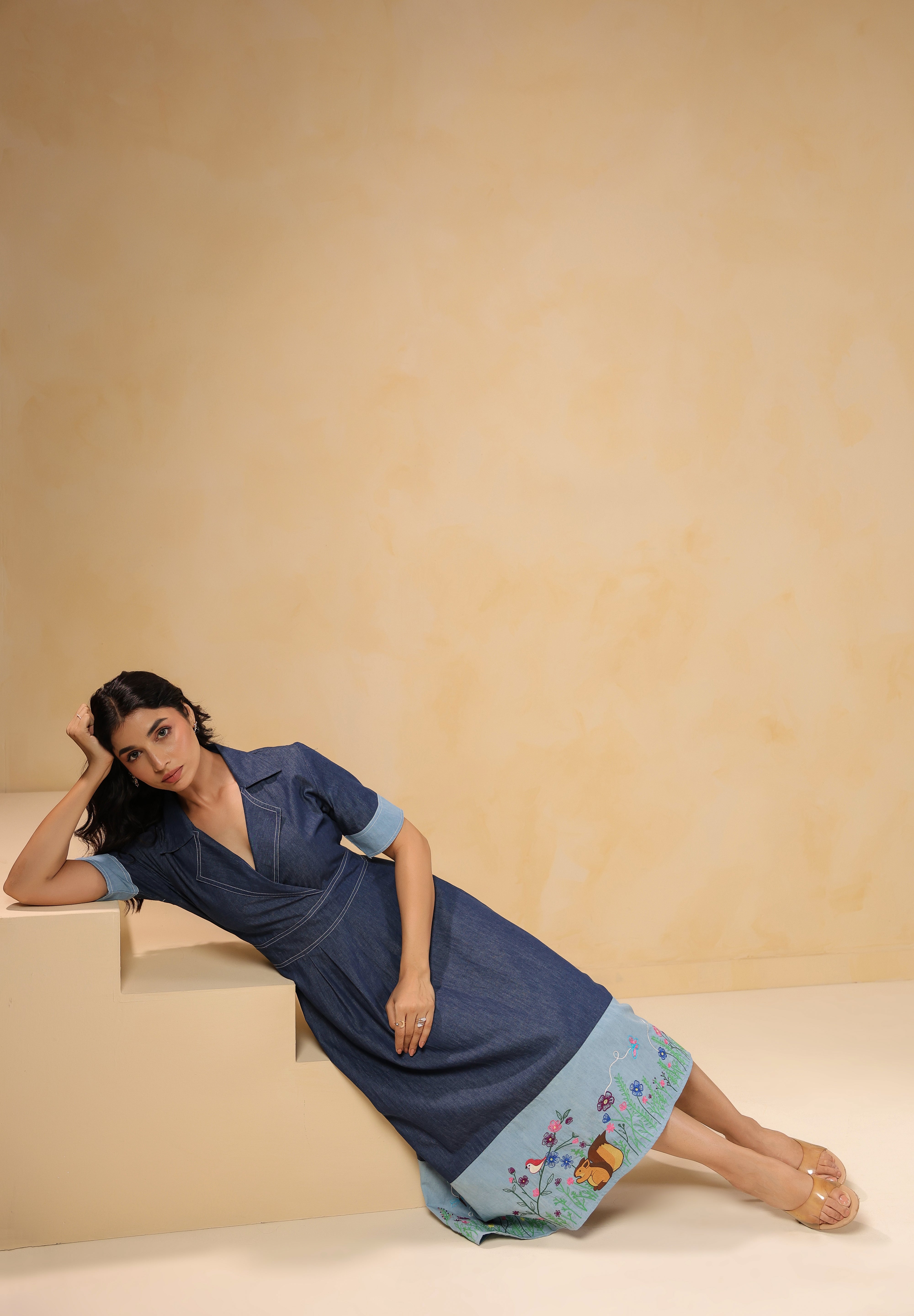 Model in Woodland Muse Midi Dress styled effortlessly for a modern, nature-inspired look